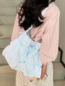 Tas Tote Kanvas Serut Biru dengan Pita untuk Musim Kembali ke Sekolah, Kapasitas Besar, Cocok untuk Mahasiswa, Tas Tangan Serbaguna dengan Kombinasi Warna, Tas Bahu, Tas Selempang, Tas Tote Wanita untuk Pelajar, Tas untuk Keperluan Kampus - Baby Blue - View 4