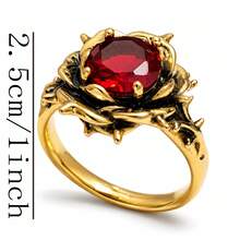 1pc Gothic Style Rose Ring 5A Cubic Zirconia Gold Red Stone Personalized Ring Unisex Vintage Floral Ring Party Anniversary Gift - Gold - View 3