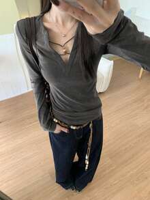Women's New Autumn/Winter Fitted Long Sleeve T-Shirt, Grey Base Layer Top, Sexy Style - Grey - View 3