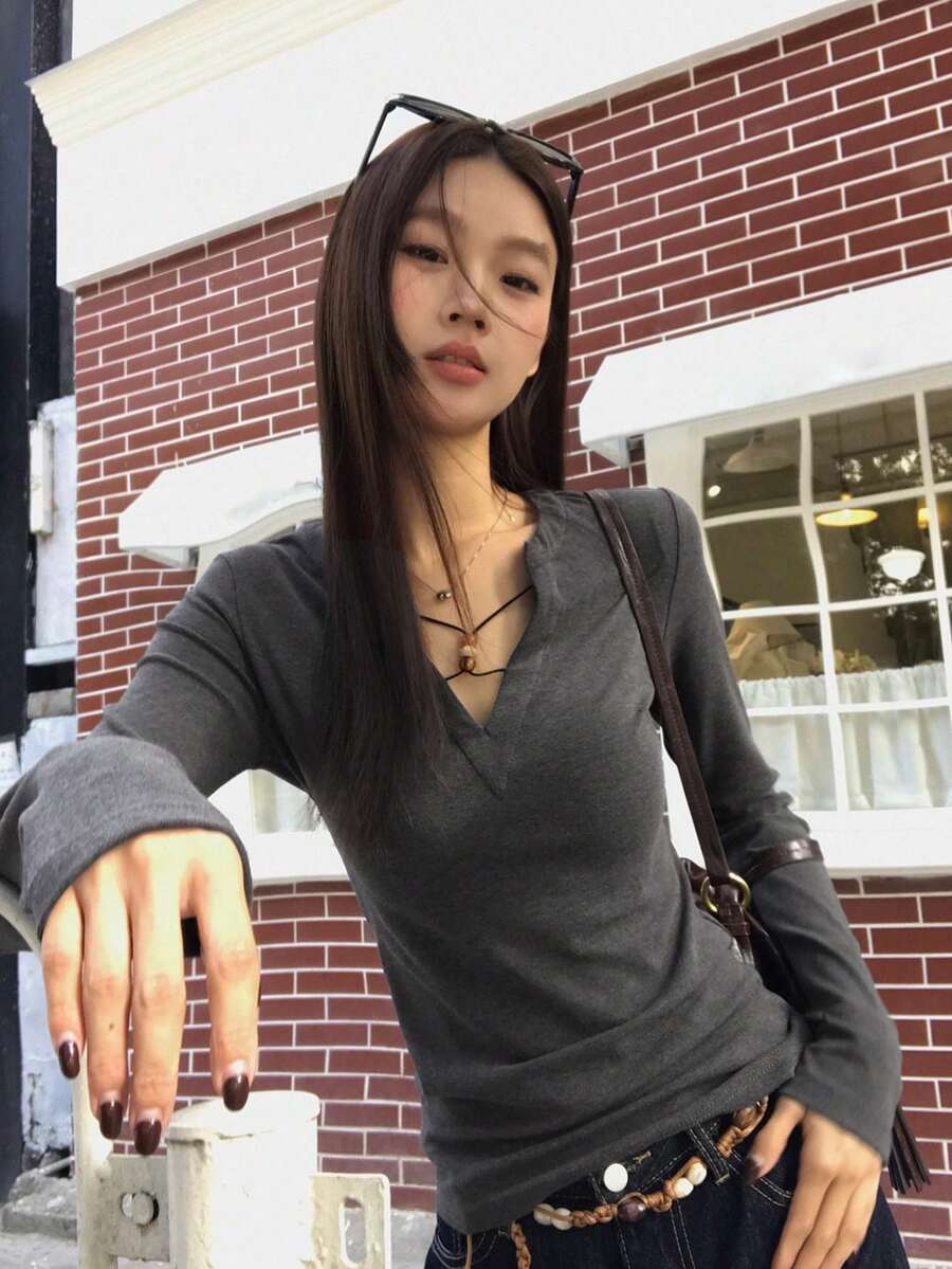 Women's New Autumn/Winter Fitted Long Sleeve T-Shirt, Grey Base Layer Top, Sexy Style