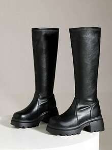 Women's Minimalist Black Elastic Leather Riding Boots, Round Toe, Zipperless Slip-On Design, Serrated Thick Sole, Height-Increasing, Versatile Over-The-Knee Boots, Autumn/Winter - Black - View 6