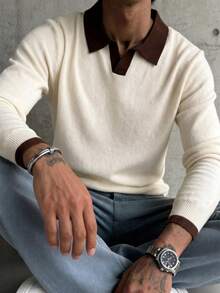 Men's Contrast Color V-Neck Long Sleeve Knit Polo Shirt, Business Casual Style Fashion Pullover Top - Apricot - View 5