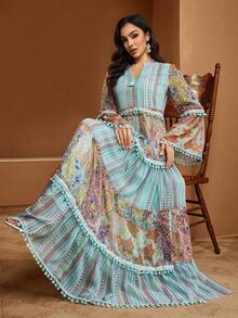 Bohemian Paisley Print Long Sleeve Arabian Dress, V-Neck And Pom Pom Trim Detail - Mint Green - View 6