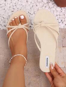 Sommerliche cremefarbene Wildleder-Zehentrenner mit Knoten, weiche Sohle, vielseitige Strandsandalen für Damen mit sanfter Ausstrahlung - Aprikosenfarben - Übersicht 7