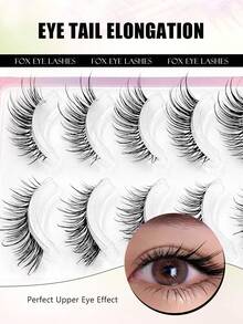 Asiteo 5 Pairs Cartoon Wet Fox/Cat Eye Style False Eyelashes, Full Strip Anime Style Eyelashes, Thin Transparent Band Invisible False Eyelashes, Suitable For Daily Commute - Black - View 3