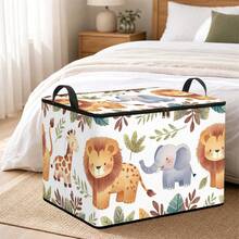 1pc Cute Jungle Wild Animal Print Fabric Storage Box, Foldable Zipper Storage Bin With Dual Handles, Suitable For Wardrobe And Bedroom Shelf Home Storage Container - Multicolor - View 3