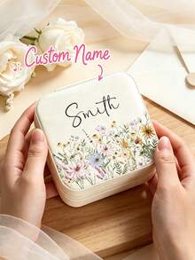 Personalized Beige Jewelry Box, Customizable Name Travel Jewelry Box, Suitable For Bridesmaids, Couples And As Gifts; Equipped With Fabric Lining And Zipper Closure, Combines Storage Function; Suitable As Valentine's Day, Christmas, Birthday Gifts Or Thoughtful Gifts For Her; Portable Design, Unique Gift For Women, Men, Sisters Or Close Friends. - Multicolor - View 3