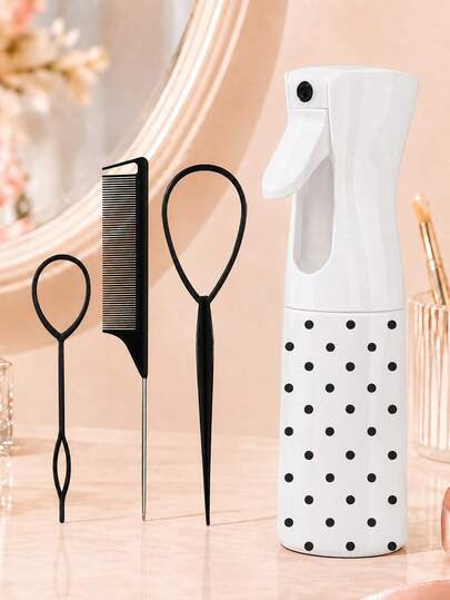 4pcs Polka Dot Pattern Hair Styling Tool Set, Includes 1 Spray Bottle, 1 Tail Comb, 2 Hair Rope Threaders. Unisex, Dry And Wet Use, Suitable For Curly Hair Care And Makeup Scenarios. Perfect As Mother's Day Gift Or Back To School Gift. This Set Is Suitable For Adult Daily Styling, Also Suitable For Hair Salons And Barber Shops