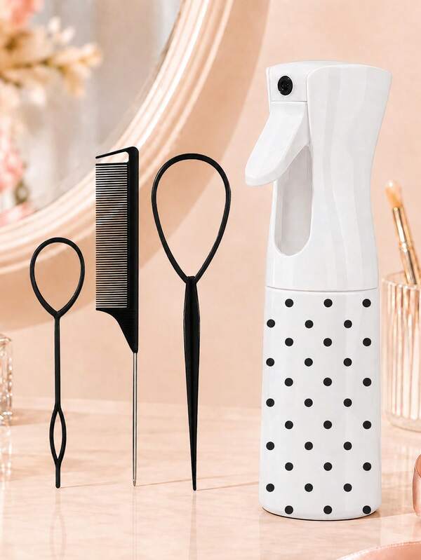 4pcs Polka Dot Pattern Hair Styling Tool Set, Includes 1 Spray Bottle, 1 Tail Comb, 2 Hair Rope Threaders. Unisex, Dry And Wet Use, Suitable For Curly Hair Care And Makeup Scenarios. Perfect As Mother's Day Gift Or Back To School Gift. This Set Is Suitable For Adult Daily Styling, Also Suitable For Hair Salons And Barber Shops