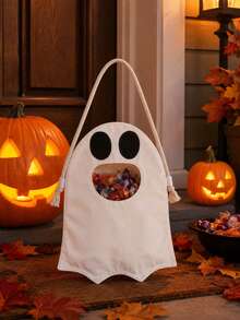 1pc Halloween Ghost Candy Bag, DIY Halloween Trick Or Treat Tote Bag With Scary Ghost Pattern, Suitable For Halloween Party Candy Collection And Holiday Decoration - Multicolor - View 8