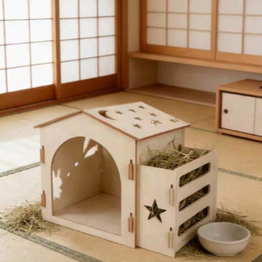 Medium Rabbit Castle, Wooden Rabbit House And Hay Feeder, Detachable Rabbit Hideout, Indoor Hamster Castle, Small Animal House And Habitat, Suitable For Small Rabbits, Ferrets And Other Small Animals (1 House With Feeder) - one-size - View 1