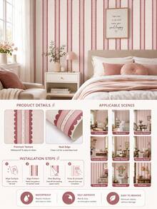 SUPSTICKER Retro Boho Scalloped Stripe Wallpaper, Removable Matte Finish, 40x120cm/40x300cm, For Bedroom, Living Room & Entryway - 1PC - View 4