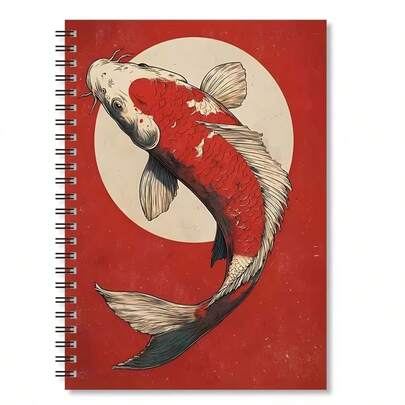 Buku Catatan Spiral A5 Motif Ikan Koi Jepang Matahari Merah, Spiral Hitam, 50 Lembar 100 Halaman, Catatan Kelas Siswa, Catatan Rapat Kantor, Buku Harian Portabel untuk Profesional, Pilihan Hadiah Kreatif