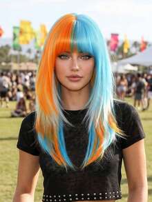 NAMM Patriotic Argentina Wig Orange & Blue Highlights Wigs Medium-Length Layered Wig With Bangs, Synthetic Heat-Resistant Fiber Costume Wig For Women Cosplay Wear, Carnival, Halloween Party Use 20 Inch - Blue Highlight - View 1