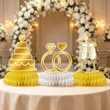 3 Pieces Of Wedding And Engagement Honeycomb Ornaments, Golden Ring Cake Champagne Design Table Decoration, Center Table Decoration Items For The Bride's Party - View 3