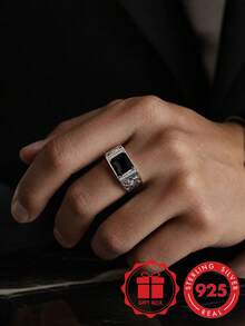 925 Sterling Silver Fashion Exquisite Wide Band Men's Ring, Hollow Inlaid With Synthetic Cubic Zirconia, High-End Textured Design, Suitable For Daily Wear, Vacation, Banquet, Perfect Life Surprise Gift - Silver - View 8