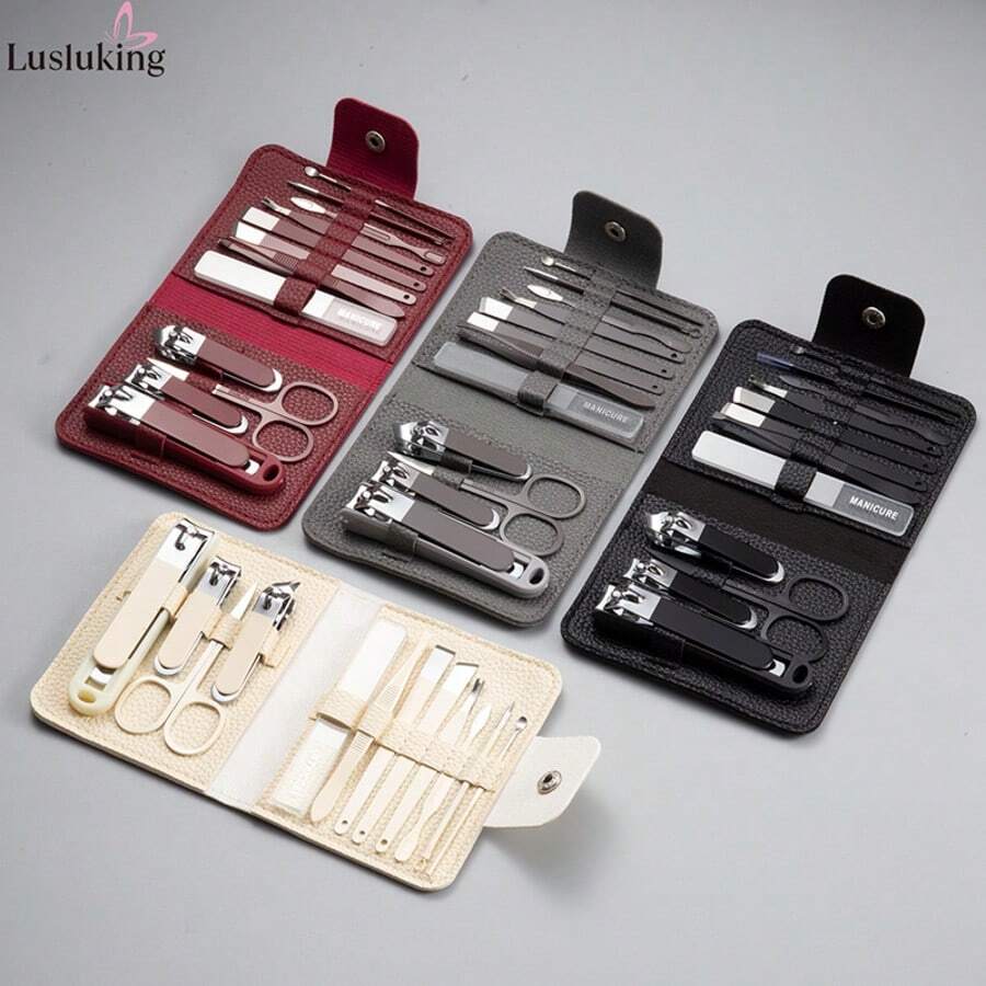 LUSLUKING 12件組不鏽鋼指甲剪套組,完整美甲工具組,含指甲剪、指甲锉、挖耳勺、修眉刀,便攜式美甲美容工具套裝 - 彩色 - 查看 1