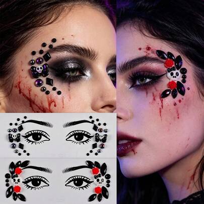 2 Sheets Halloween Face Gem Stickers, Black Goth Skull Face Gem Stickers, Festival Performance Colorful Eyebrow Diamond Stickers,Face Acrylic Gems Stickers, Face Gems For Parties, Halloween Gifts