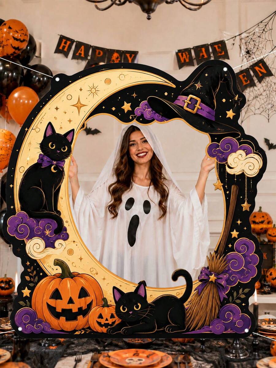 Halloween Photography Props, Fun Polyester Hollow Out Party Props, Equipped With Witch Magic Jars, Ghost Castles, Black Cats, Interactive Photo Booth Decorations, Suitable For Trick Or Treat Parties, Halloween Party Decorations, And Home Decor Items - A - View 1