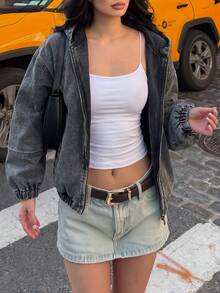 Black Grey Distressed Washed Hooded Denim Jacket For Women Full Zip Loose Fit Elastic Cuffs Hem Vintage Streetwear Denim Coat - Grey - View 3