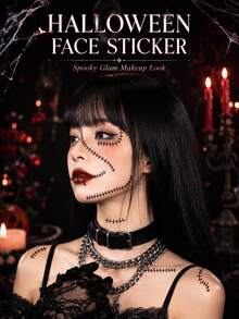 Halloween Stitch Temporary Tattoo Stickers, Gothic Style Stitch Body & Face Tattoos, Waterproof Long-Lasting Fake Stitch Makeup Stickers, Suitable For Halloween Party, Cosplay, Masquerade & Role Play Makeup - Multicolor - View 3