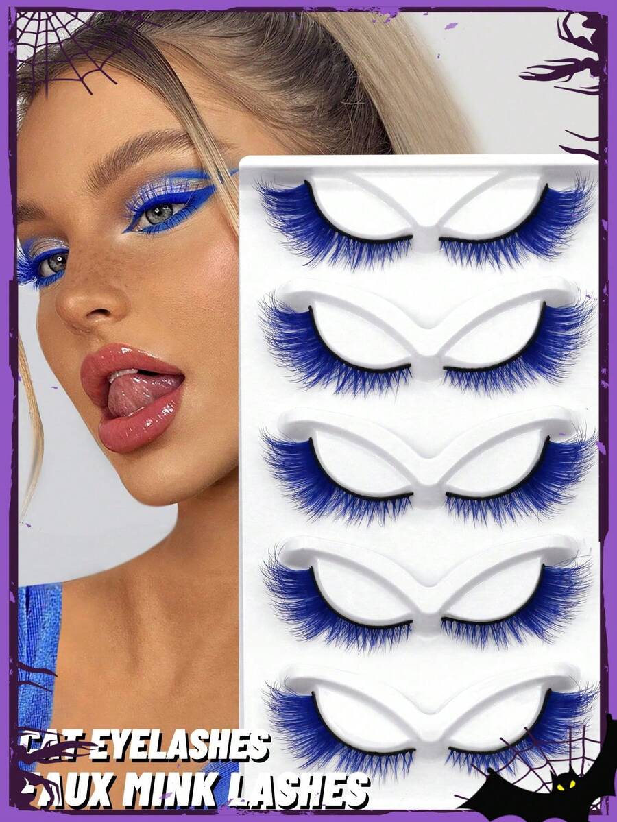 GROINNEYA 5 Pairs Colorful False Eyelashes Cat Eye Style Faux Mink Fur Blue Fluffy Soft Crisscross Thin Natural Look Lash Extensions Makeup Tool Adhesive Lashes, Halloween - Blue - View 1