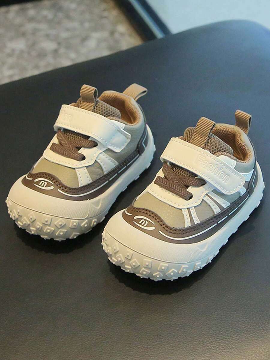 1 Pair Baby Contrast Color Hook & Loop Walking Shoes, Anti-Collision Toe, Non-Slip Thick Sole, Casual Shoes For Boys & Girls, All Season - Khaki - View 1