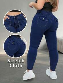 Plus Size Women's 9/10 Length Slim Fit Jeans, High Stretch Washed Denim With Button, Zipper And Pockets, Fashionable Autumn Pants - Deep Blue - View 3