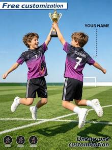[Customized]Personalized Name Customization Celebrity Style #7 Number 2pcs Boys Girls Casual Soccer Jersey Set -Round Neck-Short Sleeve And Shorts Set- Polyester, Back To School Season Suitable For -Sports -Training And Casual Wear, Outdoor Perfect Choice - Purple - View 5