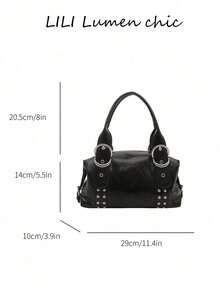 New Solid Color PU Mini Boston Handbag, Silver Rivet Decor, Double D-Ring Adjustable Top Handle, Detachable Crossbody Strap, Y2K Style Shoulder Bag, Streetwear And Cool Girl Essential, Suitable For Nightclubs, Weekend Shopping, City Walks And Daily Outings. - Black - View 2