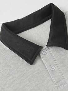 1pc Tween Boys Casual Versatile Preppy Style Colorblock Design Pony Logo Print Fleece Long Sleeve Polo Sweatshirt, Autumn/Winter - Grey - View 4