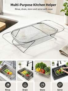 Stainless Steel Over-The-Sink Colander Strainer Basket, Expandable Over-The-Sink Colander Basket, Expandable Rectangle Fine Mesh Kitchen Utensils With Handles Silver 4-In-1 Practical Kitchen - One Size Fits All - View 2