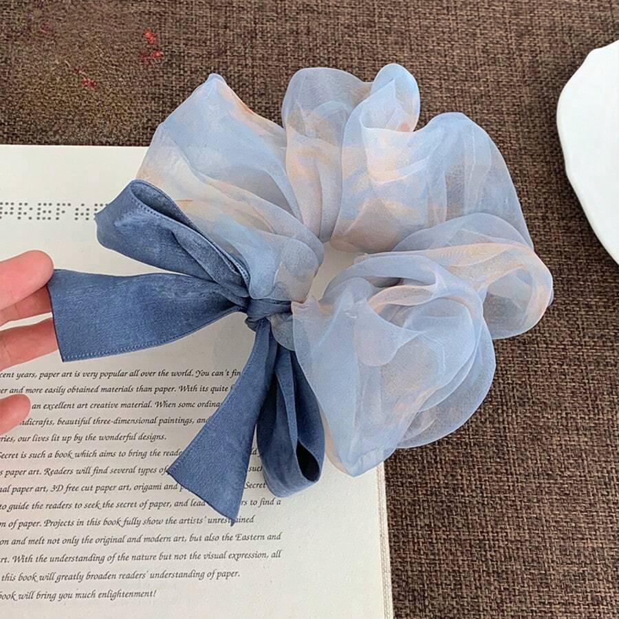1pc Gradient Tie Dye Organza Bow Scrunchie, Lightweight Sheer Mesh Fabric, Contrasting Satin Bow Decoration, Cool And Gentle Vibe, Suitable For Girls, Perfect For Daily Commute, Date, Travel And Photography, Fairy-Like Hair Tie Hair Accessory - Multicolor - View 1