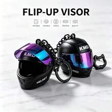 1PC Mini Flip-Up Visor Helmet Keychain, Motorcycle Creative Personalized Pendant Accessory, Realistic Full-Face Helmet Design With Flip-Up Colorful Electroplated Visor, Detailed Authentic Riding Helmet Style, Printed With KMD Logo, Exquisite 3D Craftsmanship - Obsidian Black - View 1