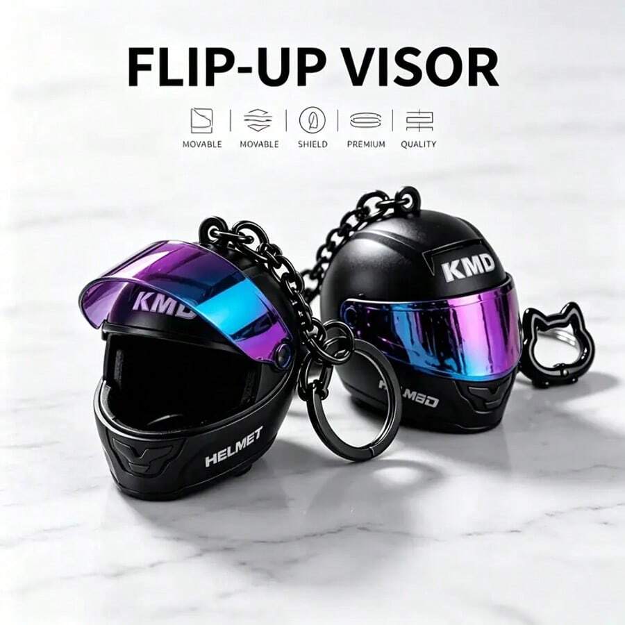 1PC Mini Flip-Up Visor Helmet Keychain, Motorcycle Creative Personalized Pendant Accessory, Realistic Full-Face Helmet Design With Flip-Up Colorful Electroplated Visor, Detailed Authentic Riding Helmet Style, Printed With KMD Logo, Exquisite 3D Craftsmanship - Obsidian Black - View 1