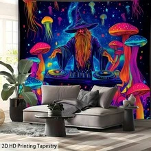 巫師 DJ 掛毯 霓虹發光水母與彩色蘑菇印花 牆掛布 星空銀河背景 客廳 宿舍 臥室 唯美嬉皮居家藝術裝飾布 - 水母蘑菇 - 查看 6