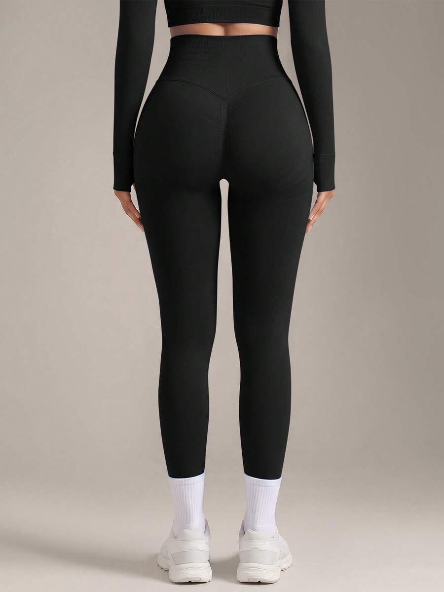 VVX Seamless V-Shaped Scrunch Butt Leggings, High Waist Tummy Control Stretch Yoga Workout Pants For Women - Black - View 1