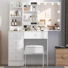 Teousev Dressing Table With LED Lights Mirror & Stool, Vanity Makeup Table With 5 Drawers, Open Storage Shelves, 3 Colour Adjustable Light, Lockable Drawers, White Cosmetic Desk For Bedroom - White - View 1