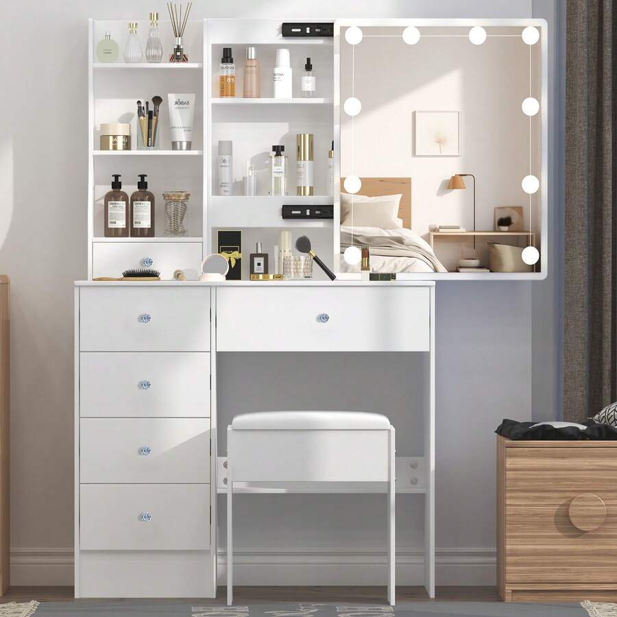 Teousev Dressing Table With LED Lights Mirror & Stool, Vanity Makeup Table With 5 Drawers, Open Storage Shelves, 3 Colour Adjustable Light, Lockable Drawers, White Cosmetic Desk For Bedroom - White - View 1