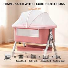 Nawahev 4-In-1 Baby Bassinet Bedside Sleeper, Adjustable 6 Height Levels, Lockable Wheels, Mosquito Net & Large Storage Basket For Infant - Pink - View 4