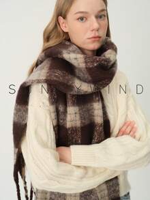 1pc Women's Plaid Elegant Elegant Warm Thick Polyester Loop Yarn Scarf For Autumn/Winter Daily Use - Brown - View 9