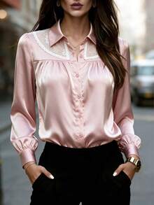Women's Solid Satin Lace Collar Chest Ruffle Shirt, Button Front Long Sleeve Top For Office, Home, Vacation, Holiday, Spring Summer Fall Winter Pink - Pink - View 2