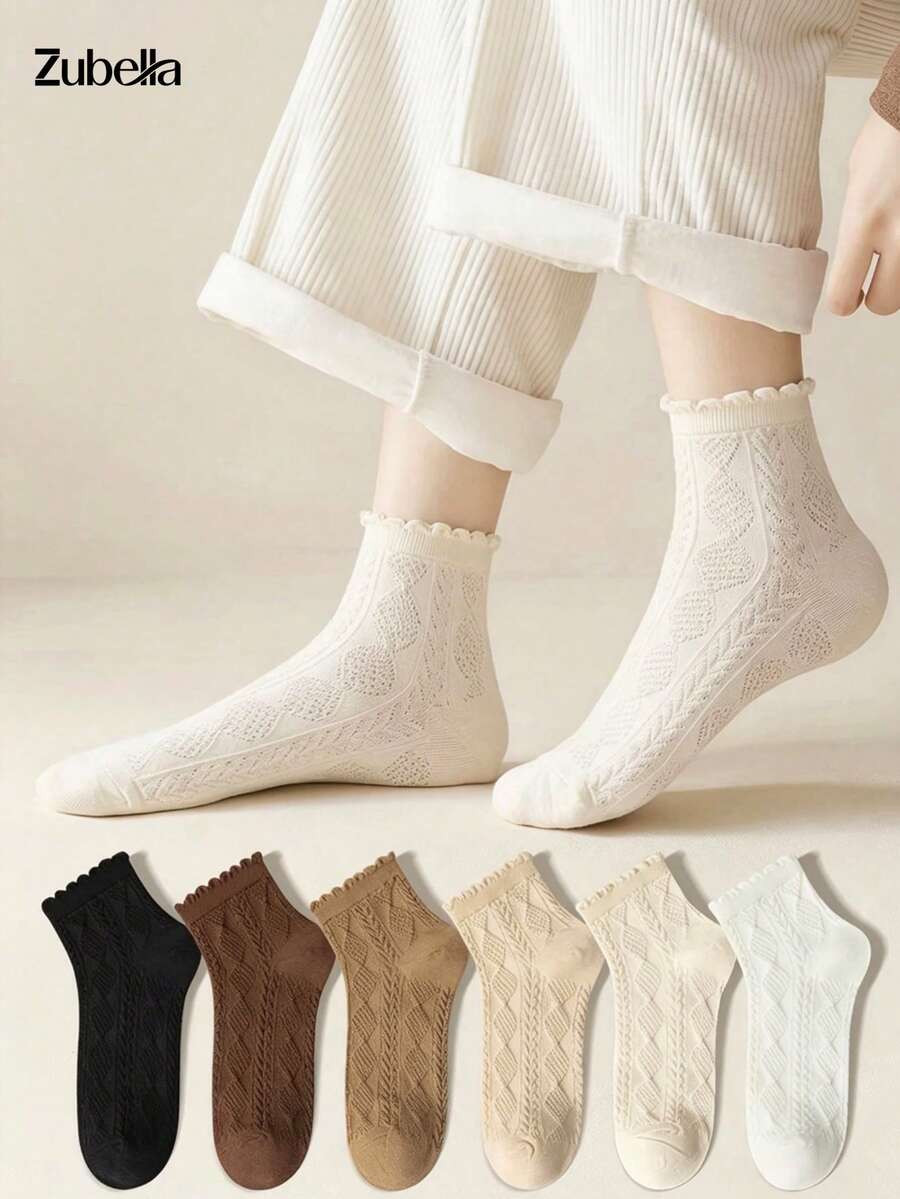 6 Pairs Women's Wood Frill Trim Socks, Spring/Autumn Mid-Calf Solid Color Short Socks, Stacked Socks, Seamless White Socks, Soft Comfortable Fashion Sweet, Suitable For Home, Outings, Sports, Various Occasions - Multicolor - View 1