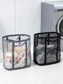 1pc Minimalist Laundry Basket, Breathable Mesh Fabric With Reinforced Handle Detail, Foldable Wall-Mounted Large Capacity Storage, Laundry Basket Bathroom Accessory, Suitable For Bathroom, Room Decor, Home Bathroom And Bedroom Daily Use - Multicolor - View 2