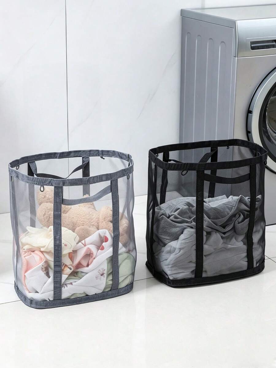 1pc Minimalist Laundry Basket, Breathable Mesh Fabric With Reinforced Handle Detail, Foldable Wall-Mounted Large Capacity Storage, Laundry Basket Bathroom Accessory, Suitable For Bathroom, Room Decor, Home Bathroom And Bedroom Daily Use