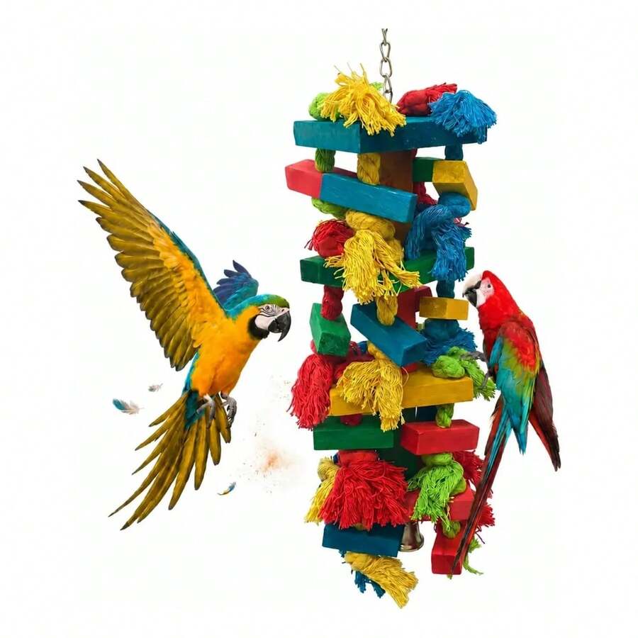 Juguete de Madera para Aves Grandes, Accesorio para Pericos, Loros y Guacamayos, Juguete para Jaula con Espacio para Trepar, Morder, Balancearse y Jugar, Ideal para Mantener a las Aves Activas y Entretenidas, Resistente, Natural, y Fácil de Instalar - Multicolor - Ver 1
