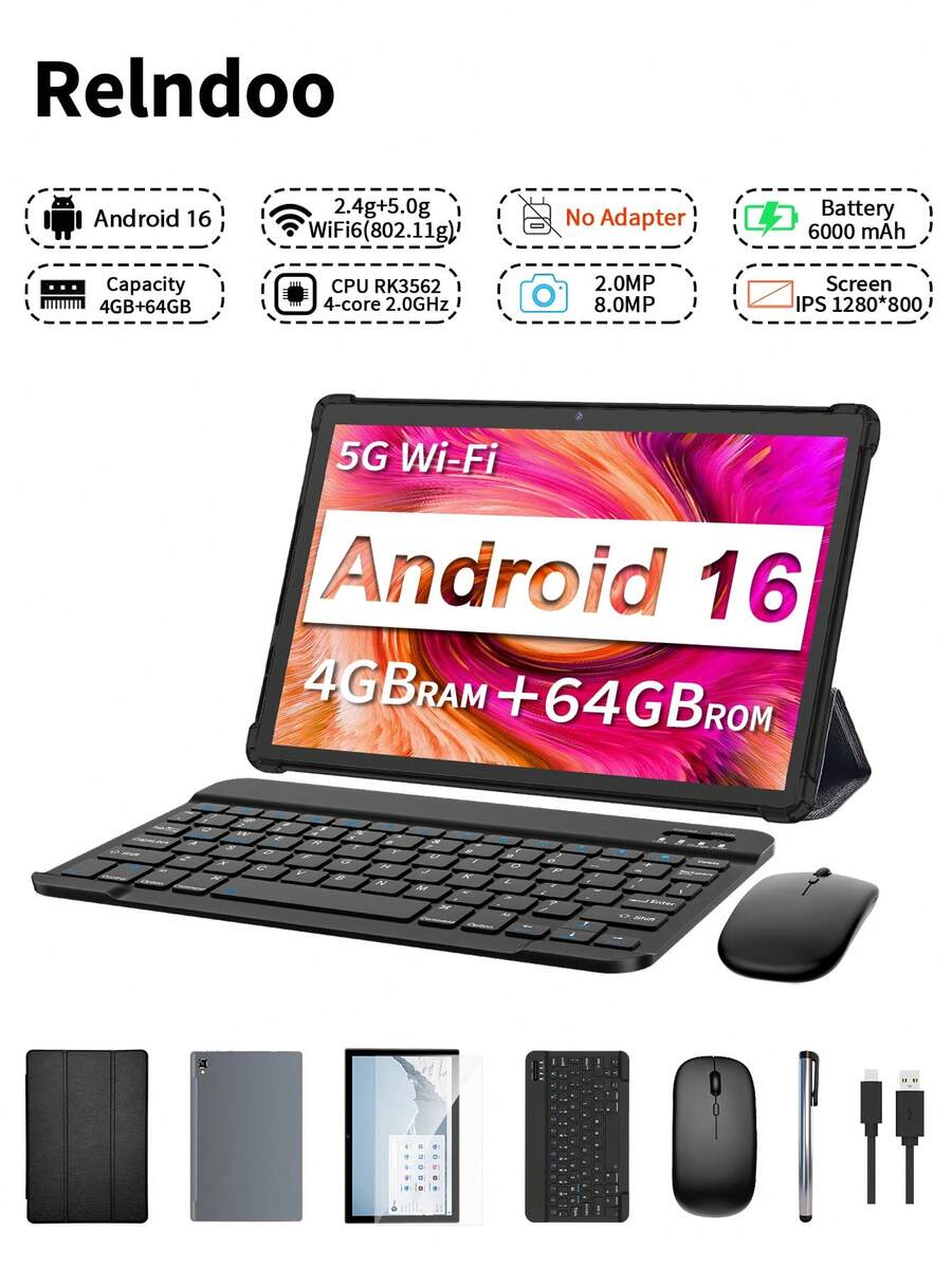 Relndoo 2026 TopS 10-Inch Android 16 Tablet, (4GB+16GB) RAM +64GB ROM, RK3562 Quad-Core 2.0GHz, 1280*800px HD Touchscreen, 6000mAh Battery, 802.11n Wifi6 2.4g/5g, 2MP+8MP Dual Camera, Suitable For Online Courses, Novels, Reading, Video Streaming, Office Work (Adapter Not Included) - Black - View 1