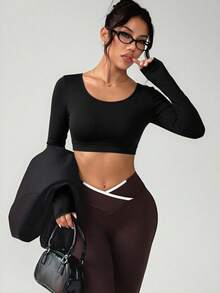 1PC Black Cross Hollow Back Short Long Sleeve Women's U Neck Slim Fit Fitness Top - Black - View 2