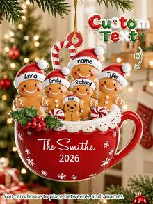 Personalized Christmas Gingerbread Man Mug Ornament, Customized Name Text, Family Member Christmas Tree Hanging Decoration, Red Mug Candy Cane Gingerbread Man Winter Holiday Theme Design, Suitable For Christmas Tree, Fireplace Mantel, Living Room, Entryway, Party Decoration And Family Keepsake, Christmas Gift, Christmas Stocking Tag, Bauble - Multicolor - View 1