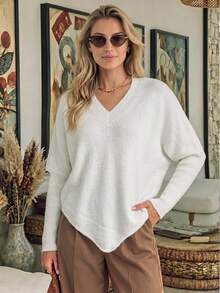 NiceArt Women's Fall-Winter Casual Solid Fake Two Pieces V Neck Ribbed Long Sleeve Irregular Hem Loose Pullover Sweaters Tops Daily Fall Outfit - White - View 7